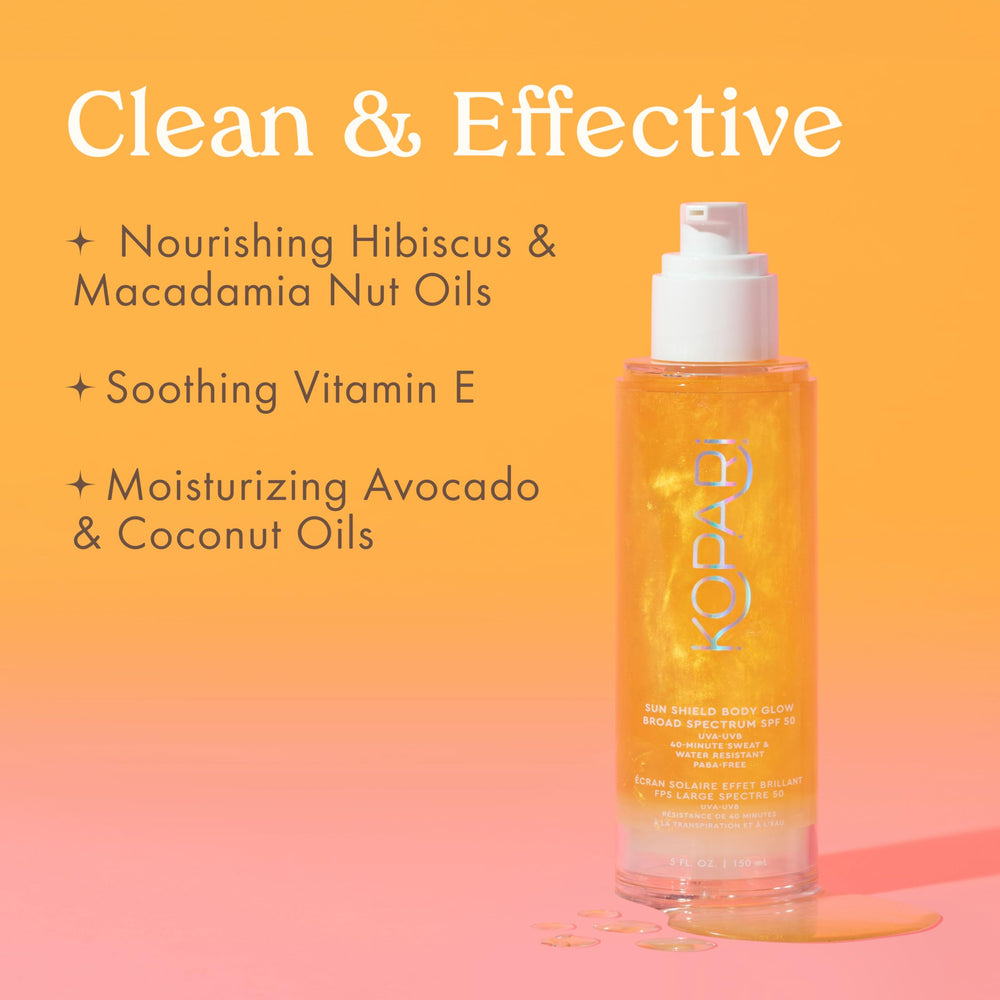 Kopari Sun Shield Body Glow nourishes with macadamia and hibiscus oils.