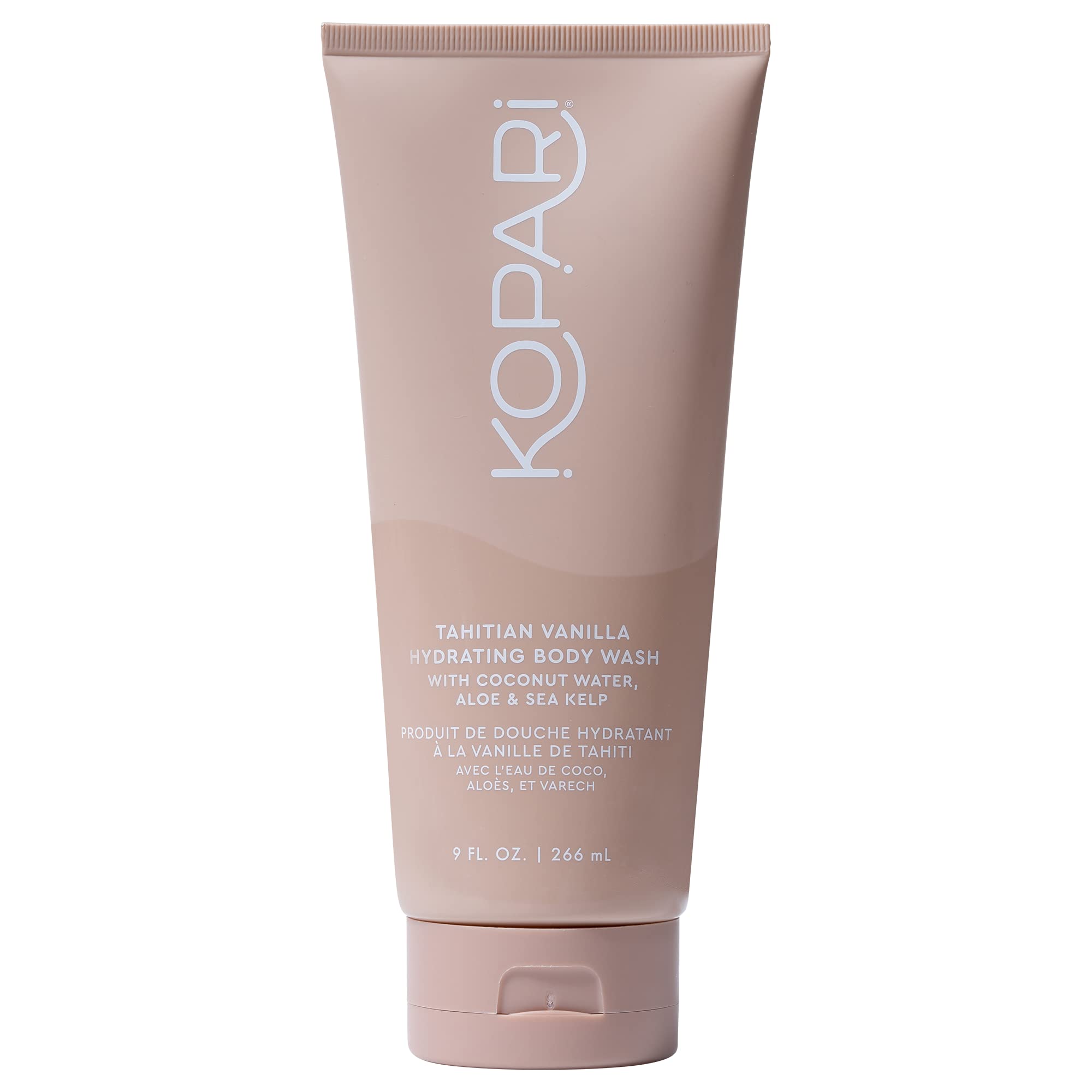 Kopari Tahitian Vanilla Hydrating Body Wash bottle pour delivers moisture-rich cleansing.