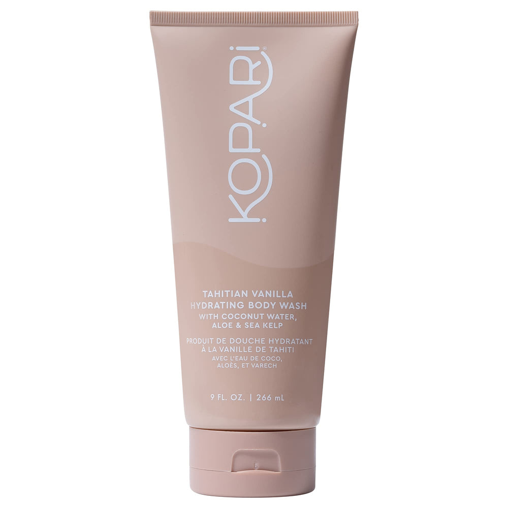 Kopari Tahitian Vanilla Hydrating Body Wash bottle pour delivers moisture-rich cleansing.