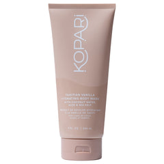 Kopari Tahitian Vanilla Hydrating Body Wash bottle pour delivers moisture-rich cleansing.