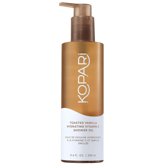 Kopari Toasted Vanilla Shower Oil bottle with oil-to-foam lather for hydration.