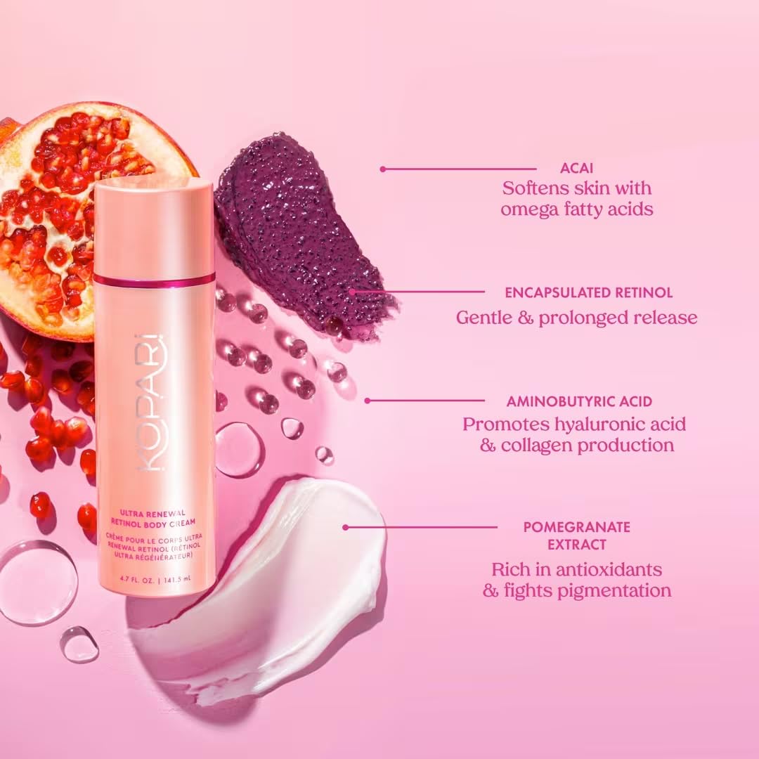 Kopari Ultra Renewal Retinol Body Cream with acai berries signaling antioxidant protection