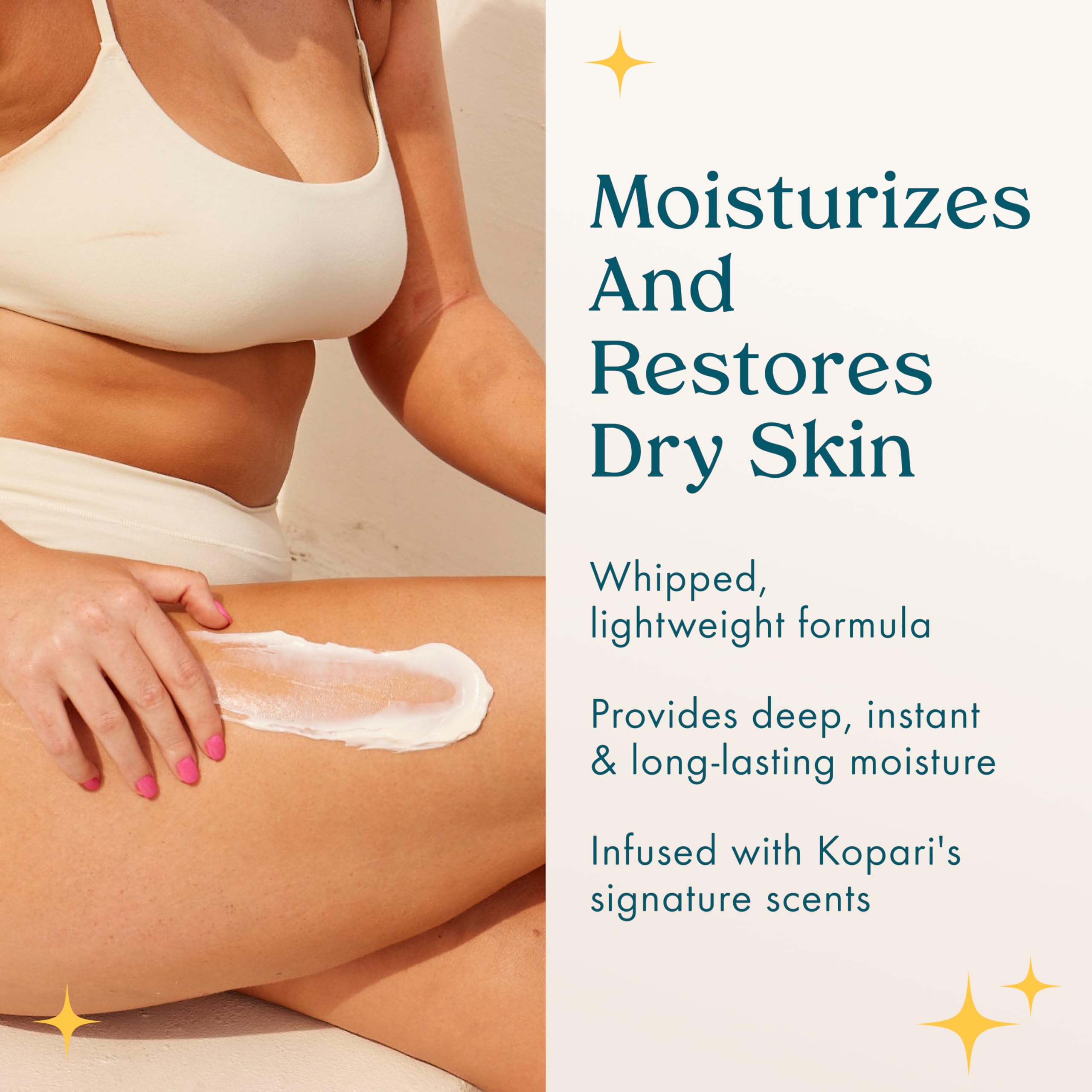 Kopari Ultra Restore being applied after a bath for smooth spread