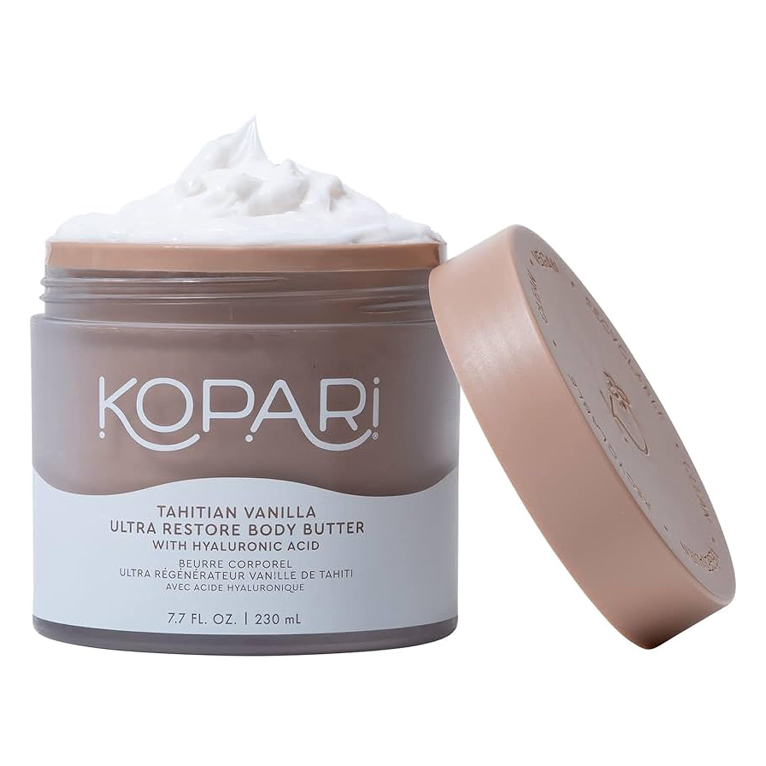 Kopari Ultra Restore Body Butter jar with whipped texture for deep hydration.