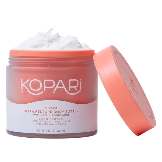 Kopari Ultra Restore Body Butter jar shows rich hydration and soft skin texture