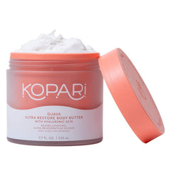 Kopari Ultra Restore Body Butter jar shows rich hydration and soft skin texture
