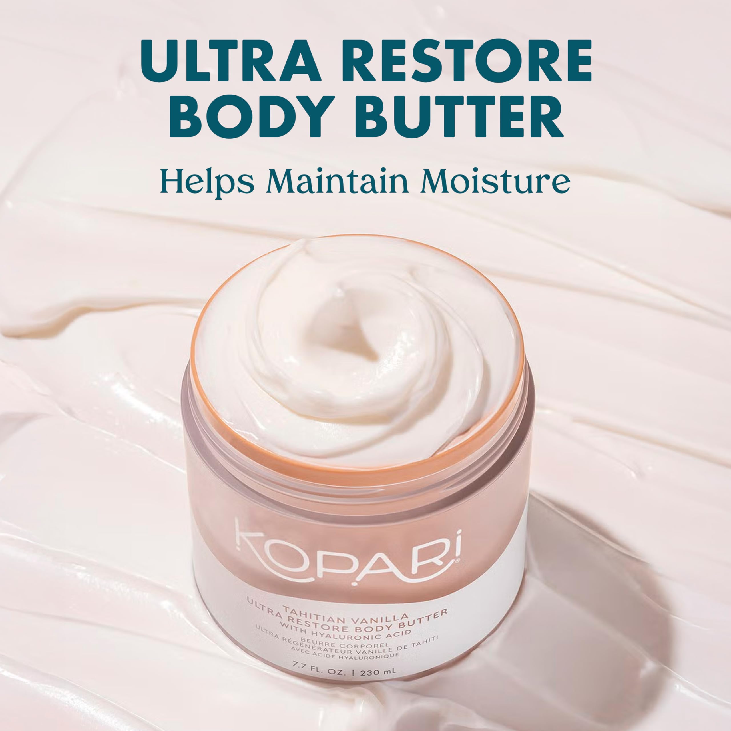 Kopari Ultra Restore Body Butter being scooped for quick absorption and nourishment.