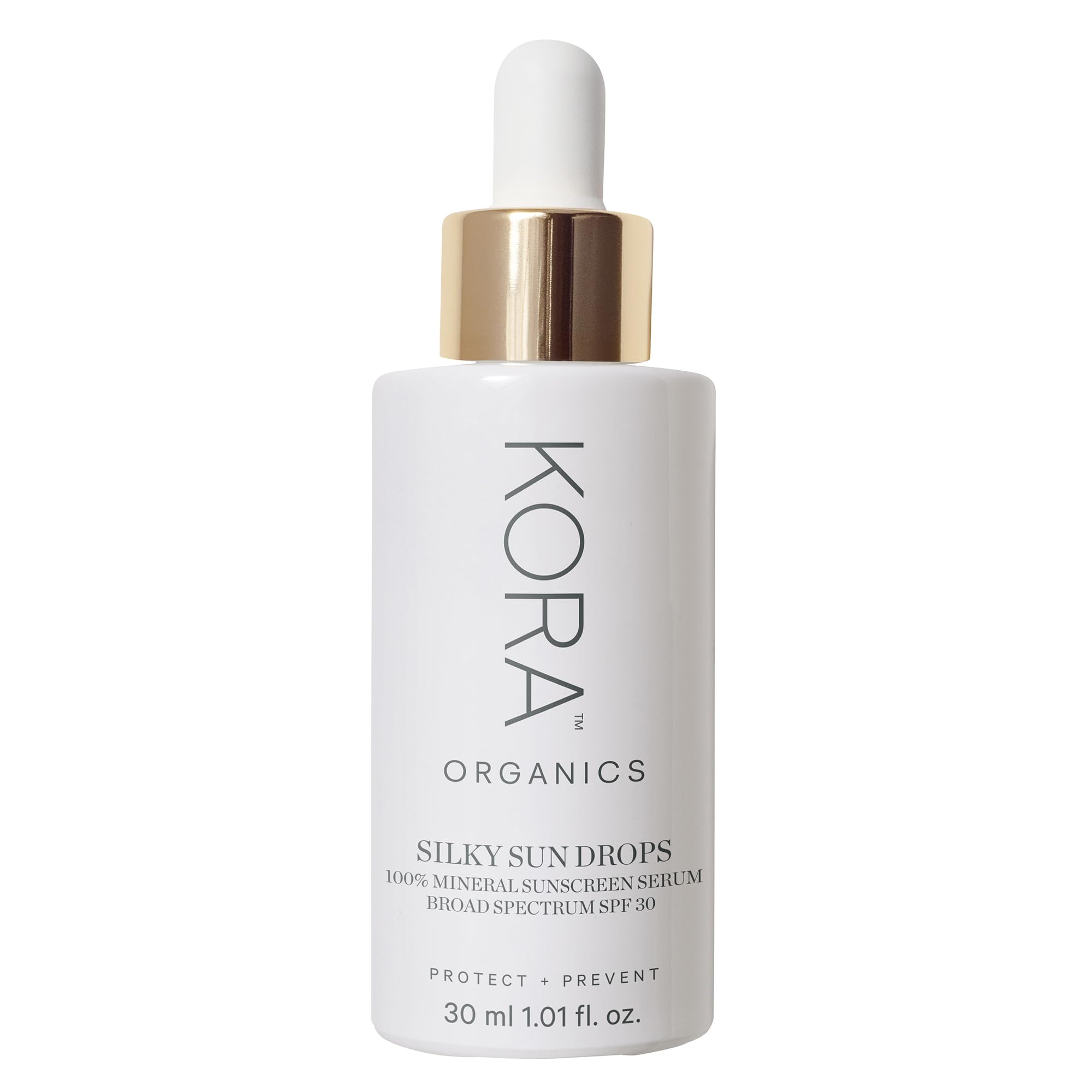 KORA Organics Silky Sun Drops bottle closeup shows SPF 30 protection.