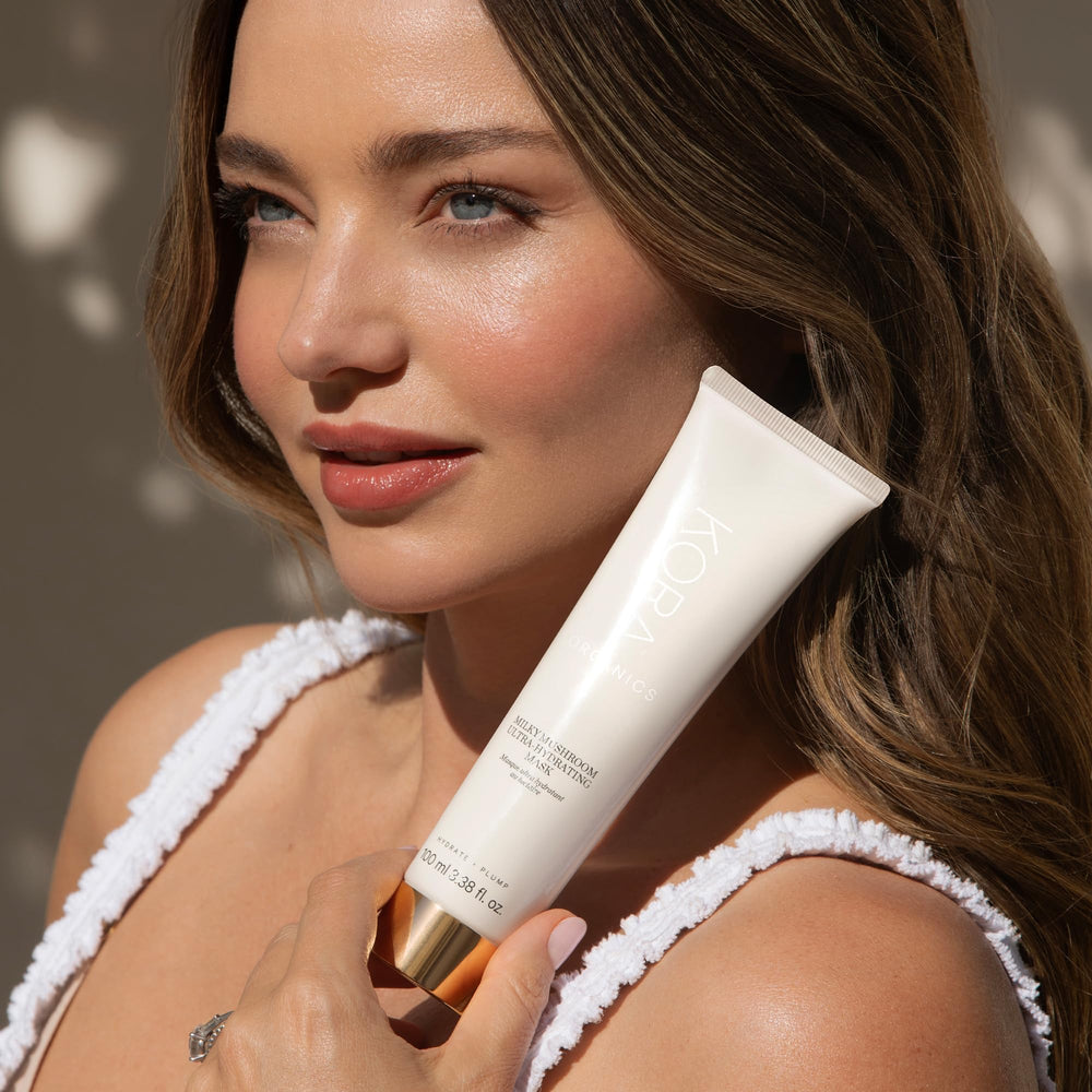 KORA Organics Milky Mushroom Mask packaging emphasizing cruelty-free vegan formula.