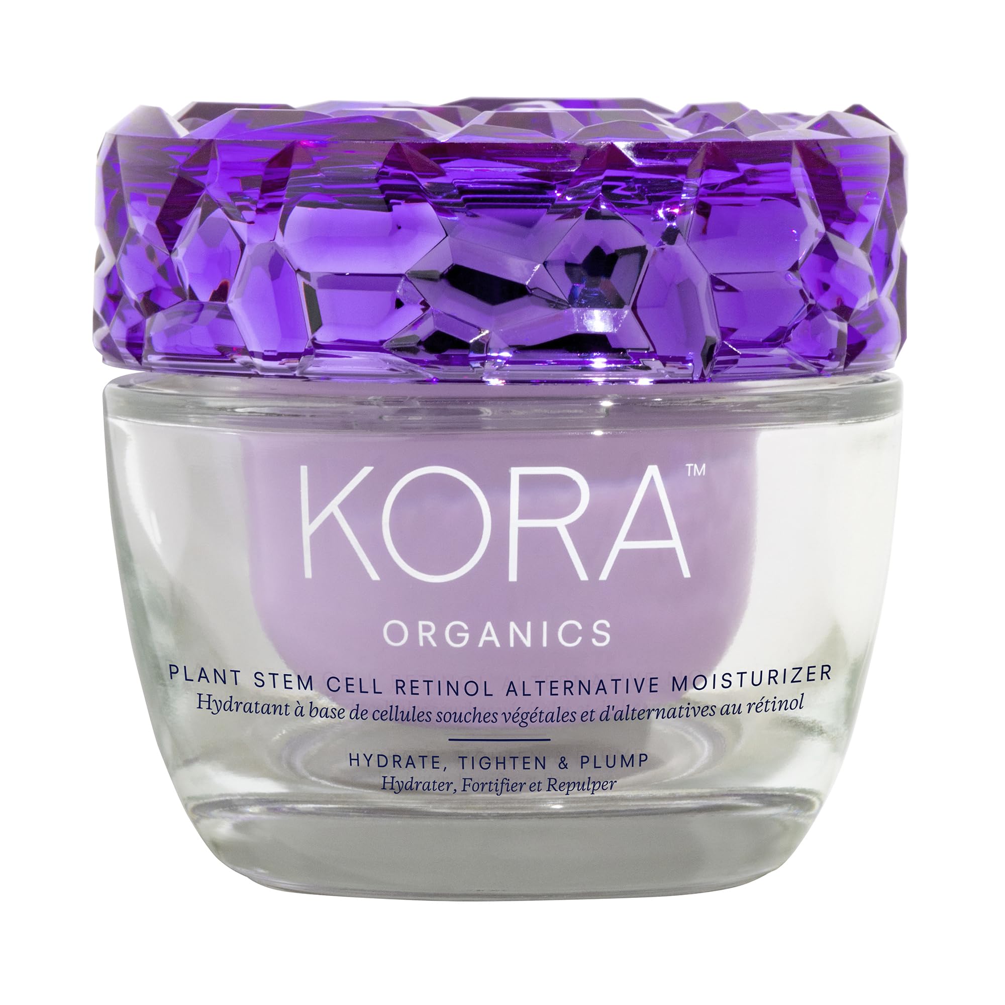 KORA Organics Plant Stem Cell Retinol Alternative Moisturizer bottle angle highlights hydrating benefits.