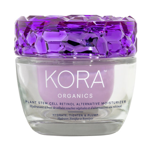 KORA Organics Plant Stem Cell Retinol Alternative Moisturizer bottle angle highlights hydrating benefits.