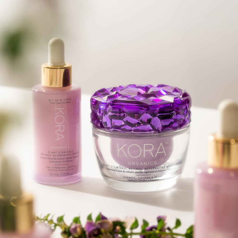 KORA Organics Plant Stem Cell Retinol Alternative Moisturizer ingredients close-up shows plant actives and ceramides.