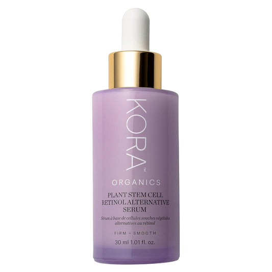 KORA Organics Plant Stem Cell Serum bottle close-up highlighting premium packaging and glow
