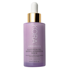 KORA Organics Plant Stem Cell Serum bottle close-up highlighting premium packaging and glow