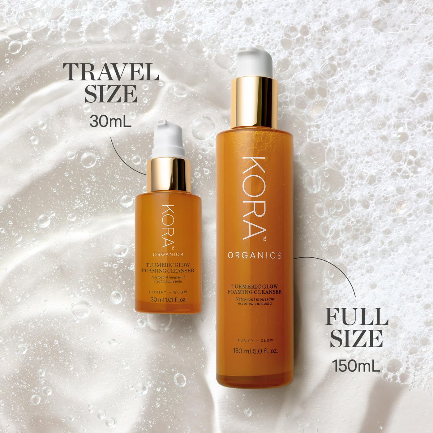 Peppermint and palo santo scent swirl over KORA Organics Turmeric Glow Foaming Cleanser.