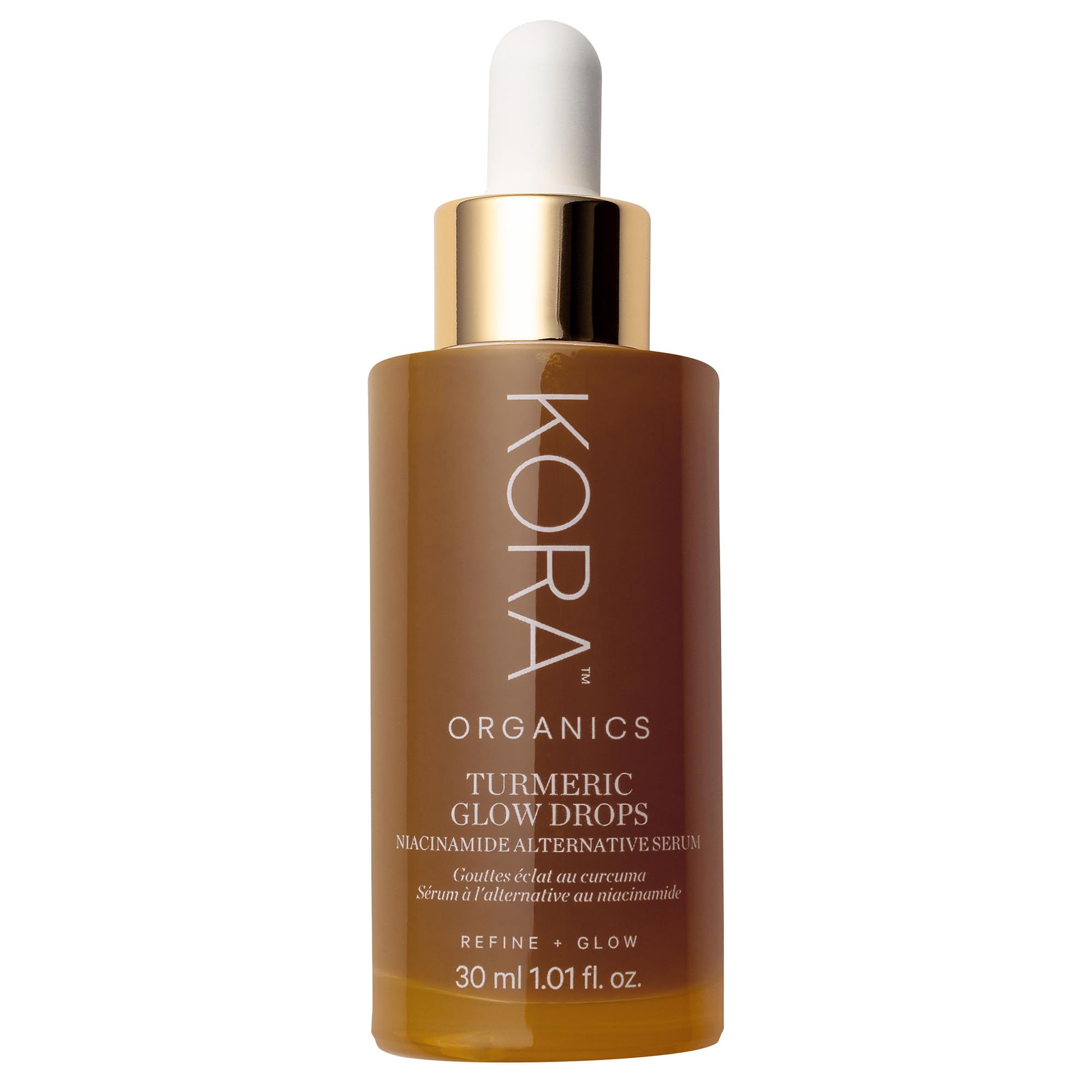 KORA Organics Turmeric Glow Drops bottle shows organic radiance in a clean package