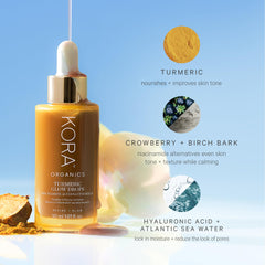 KORA Organics Turmeric Glow Drops cedarwood oil note enhances soothing scent.
