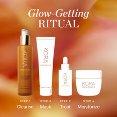 Packaging shot shows KORA Organics Turmeric Glow Foaming Cleanser with certifications.