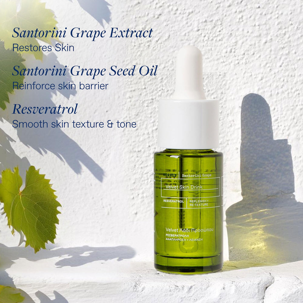 Close-up of KORRES antioxidant serum highlighting grape-derived ingredients.