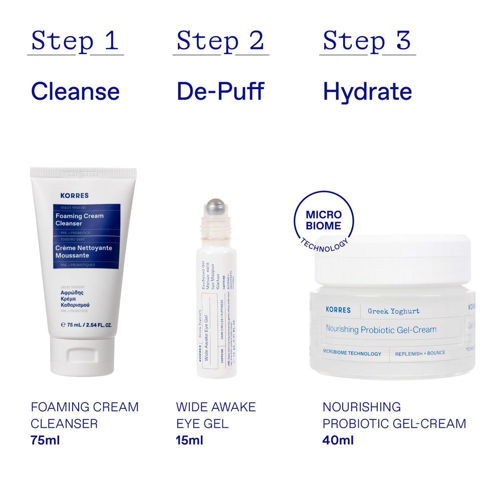 Korres Wide Awake Eye Gel applicator delivering cooling under-eye care.
