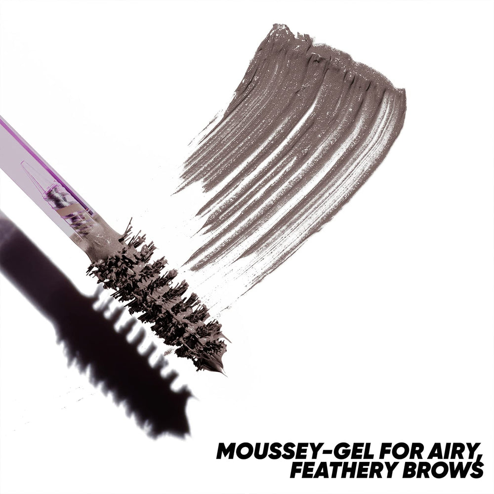 Kosas Air Brow tinted gel grey spoolie closeup demonstrates lift and even pigment.