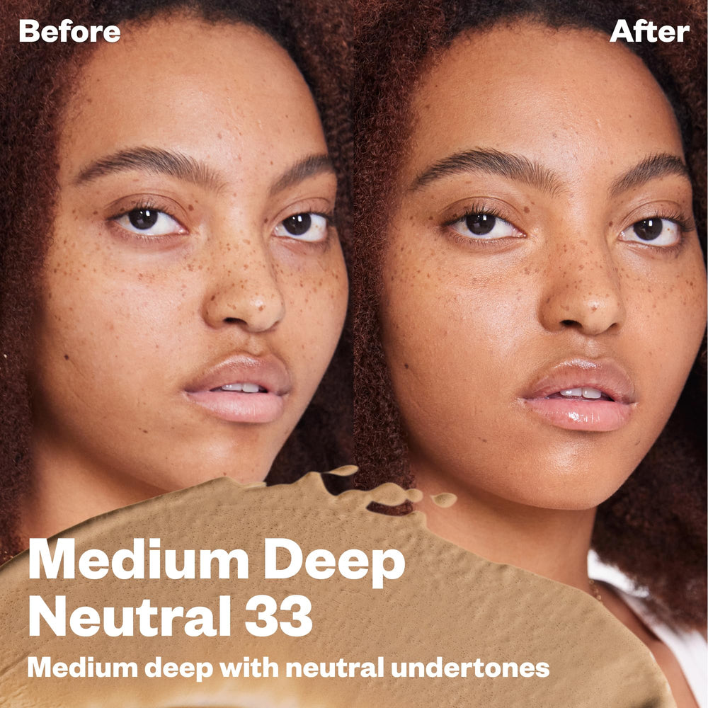 Kosas BB Burst swatch reveals natural finish for medium deep neutral skin tone.