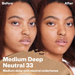 Kosas BB Burst swatch reveals natural finish for medium deep neutral skin tone.