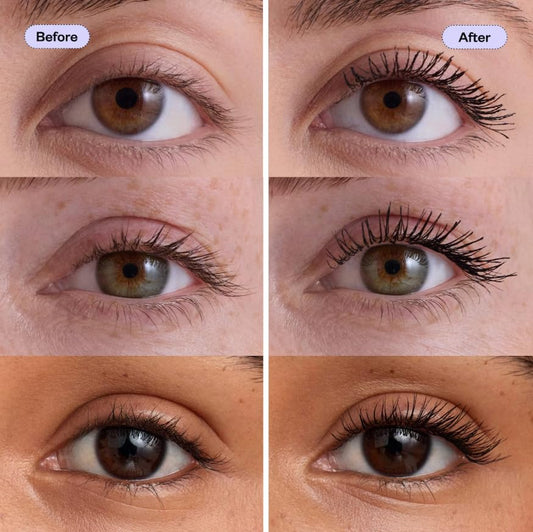 Kosas Blush Soulgazer Mascara on lashes shows lengthening and fluttery finish.