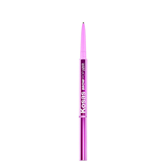 Kosas Brow Pop Nano tip close-up shows ultra-fine 1mm precision for hairlike strokes.