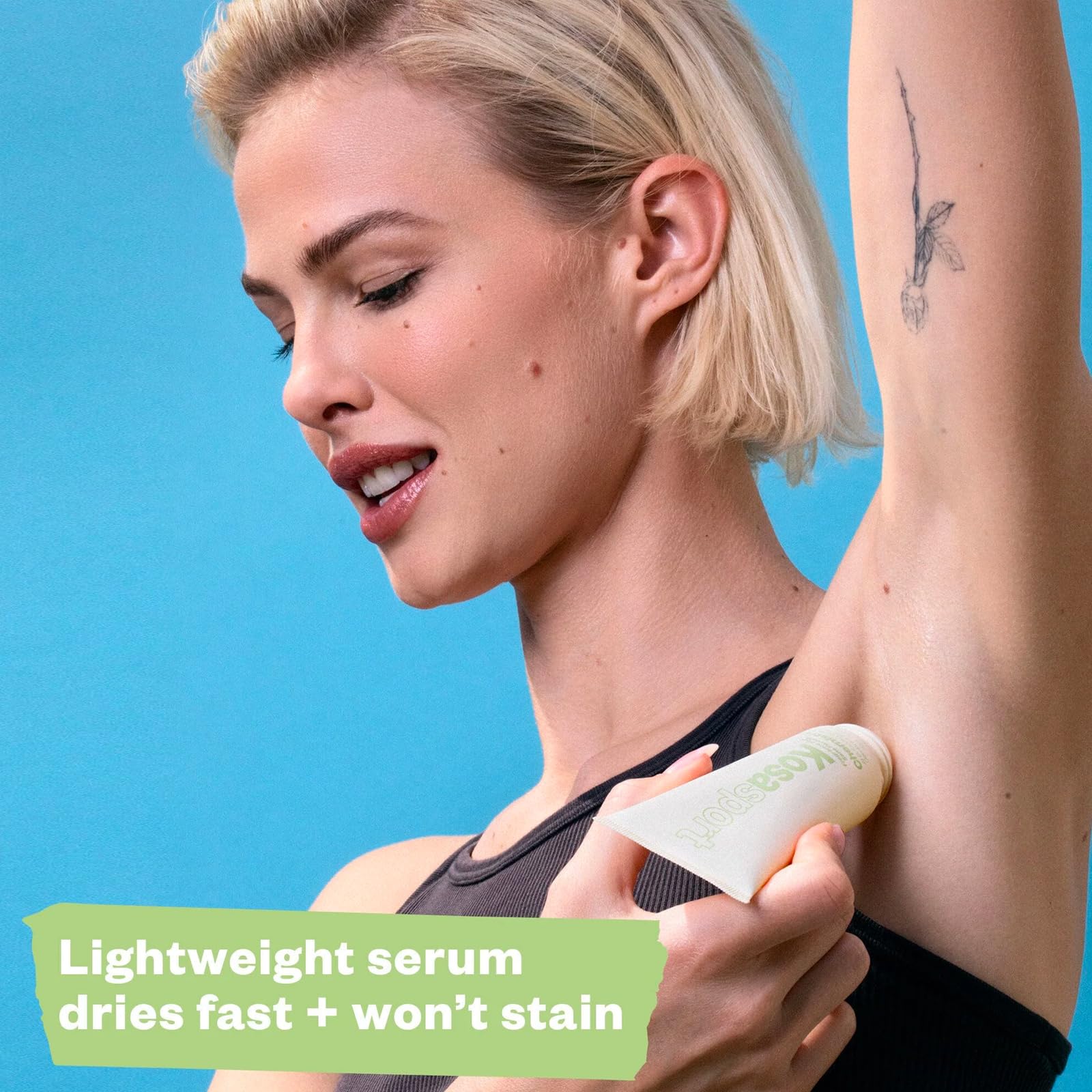 Kosas Chemistry Deodorant serum bottle close-up highlighting BO-fighting formula.