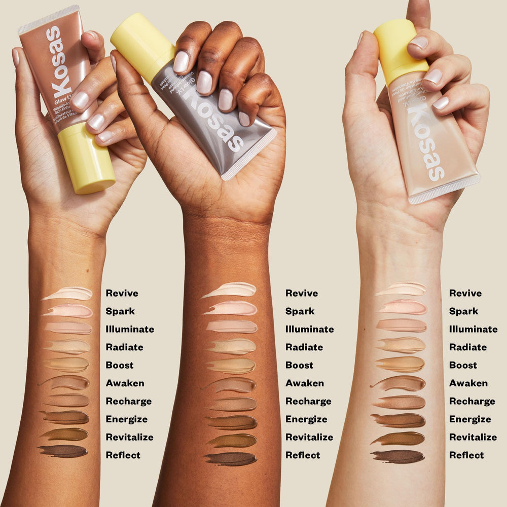 Kosas Glow I.V mixed with foundation for customizable radiance.