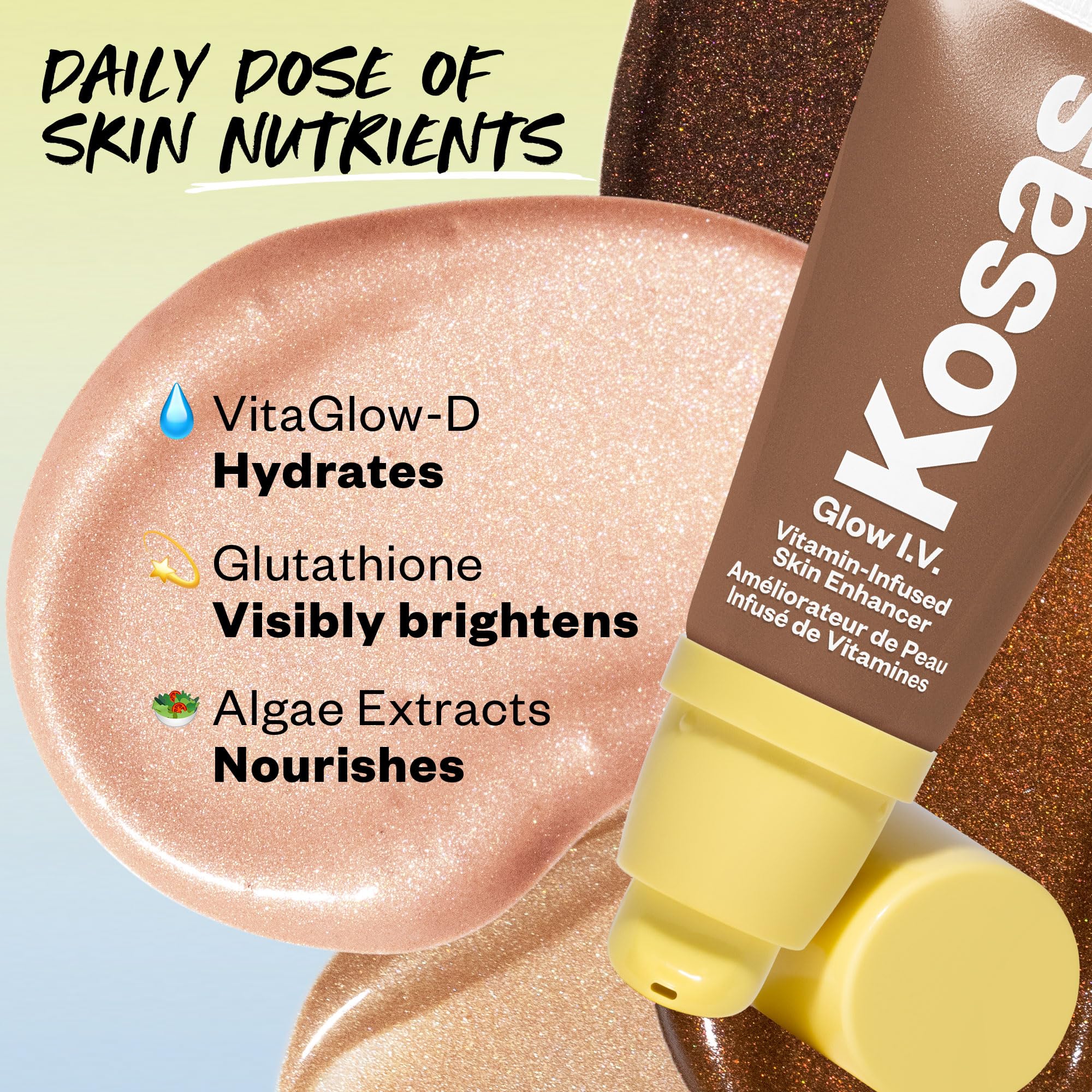 Kosas Glow I.V targeted highlighter on the cheekbone area for emphasis.