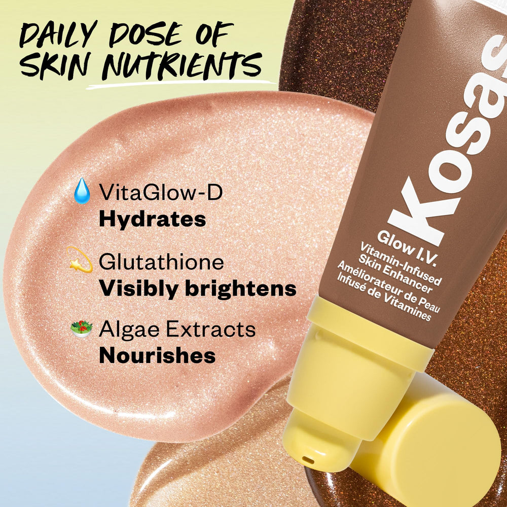 Kosas Glow I.V targeted highlighter on the cheekbone area for emphasis.