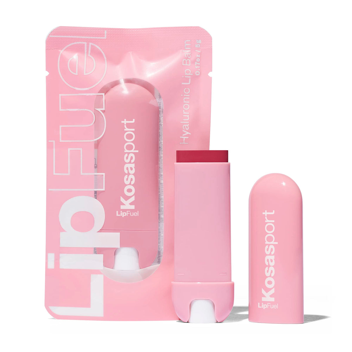 Kosas Lipfuel packaging close-up shows a slim, on-the-go design for hydration.