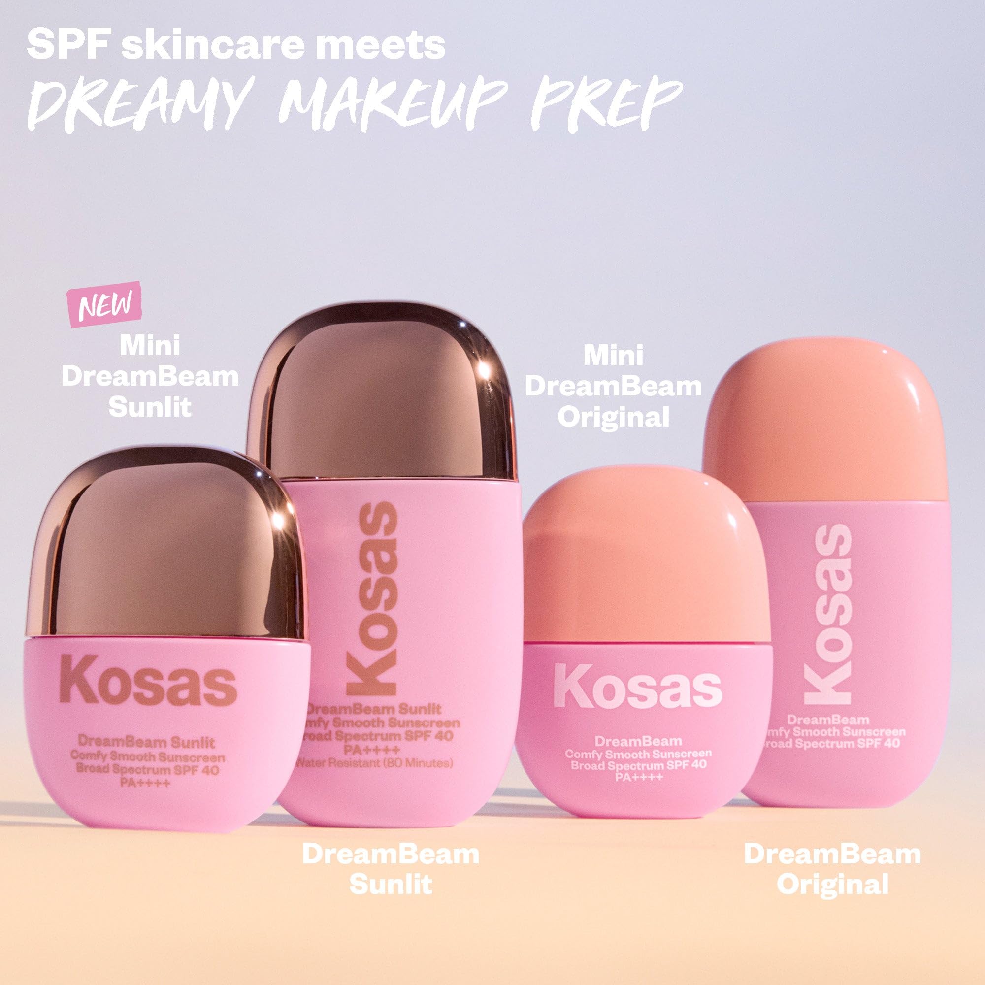 Kosas DreamBeam bottle back label, SPF 40 PA++++ for daily protection.