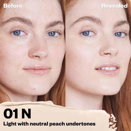 Kosas Revealer Concealer 01 N swatch showing buildable medium coverage.