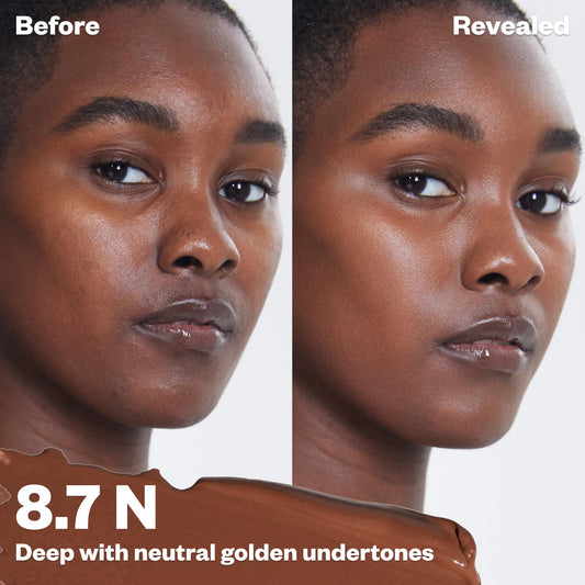 Kosas Revealer Concealer swatch in 8.7 N shows medium coverage for brightness