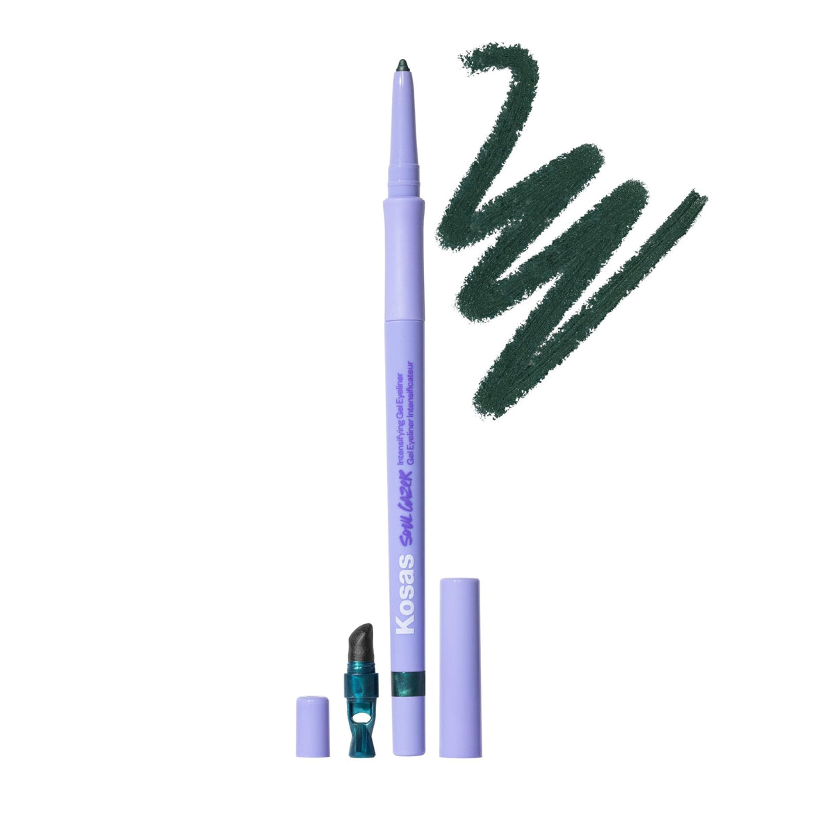 Kosas Soulgazer emerald-green-satin pencil tip for precise, bold lines.