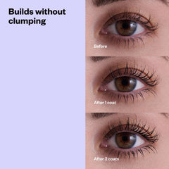 Kosas Soulgazer applied lashes showing length and definition.