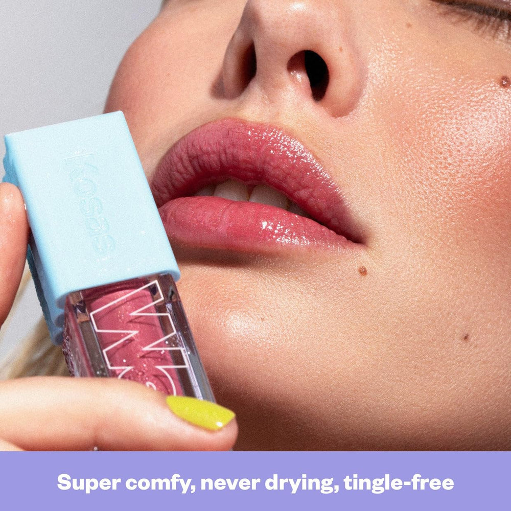 Kosas Wet Lip Oil Gloss color on lips with a plump-looking shine
