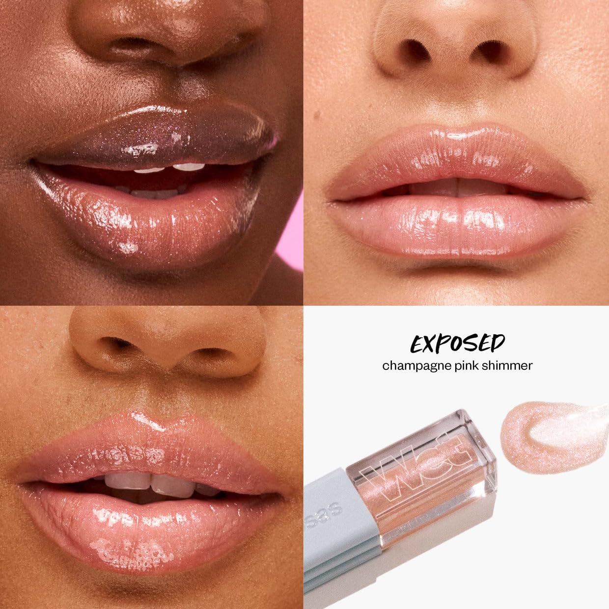 Kosas Wet Lip Oil Gloss on lips demonstrates smooth, non-sticky hydration.
