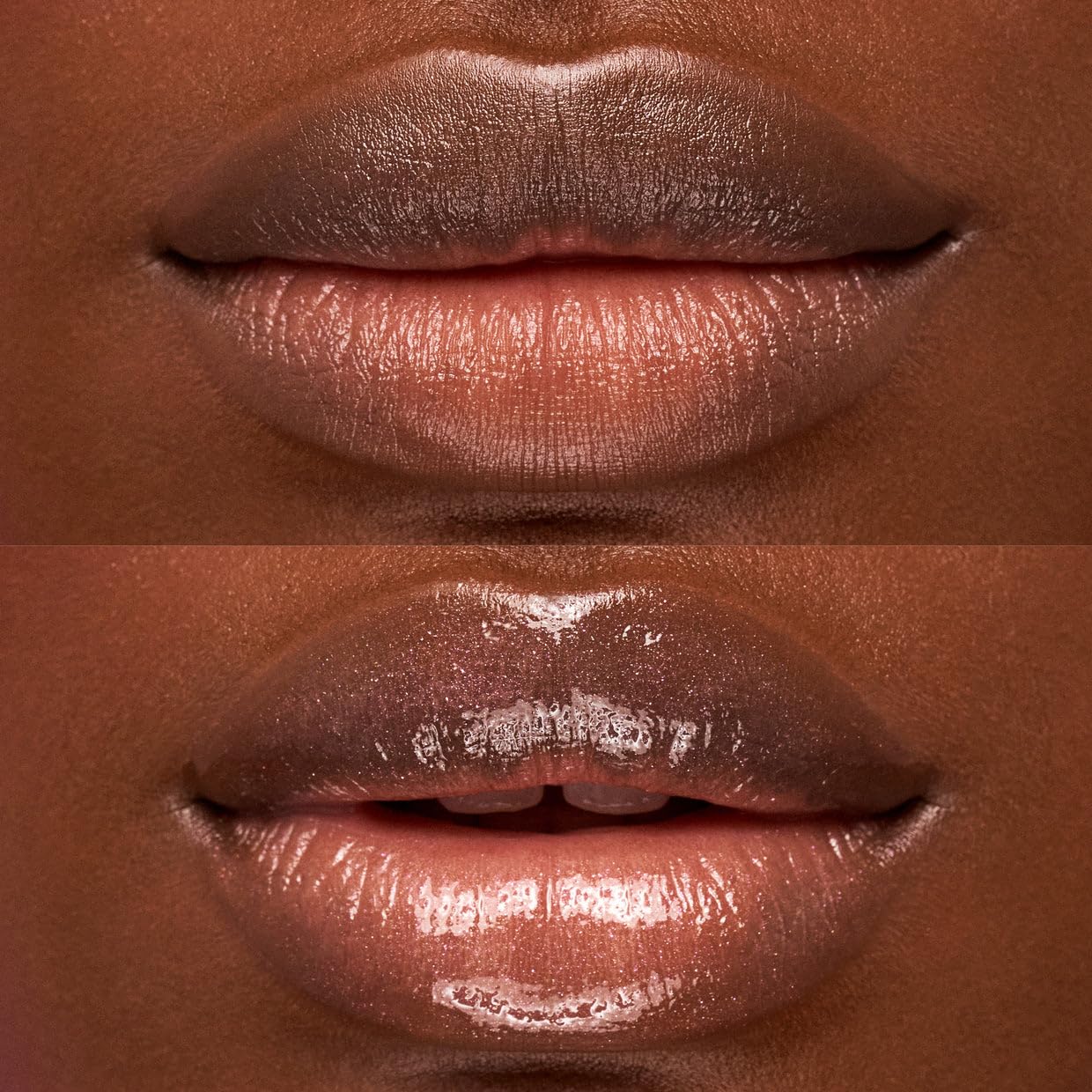 Lips gleam with Kosas Wet Lip Oil Gloss and hyaluronic acid for hydration.