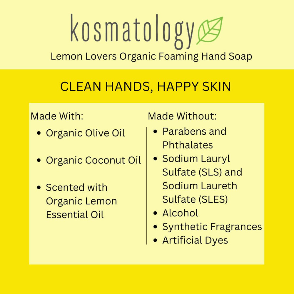 Kosmatology Lemon Lovers organic ingredients image; gentle cleanse suitable for sensitive skin.