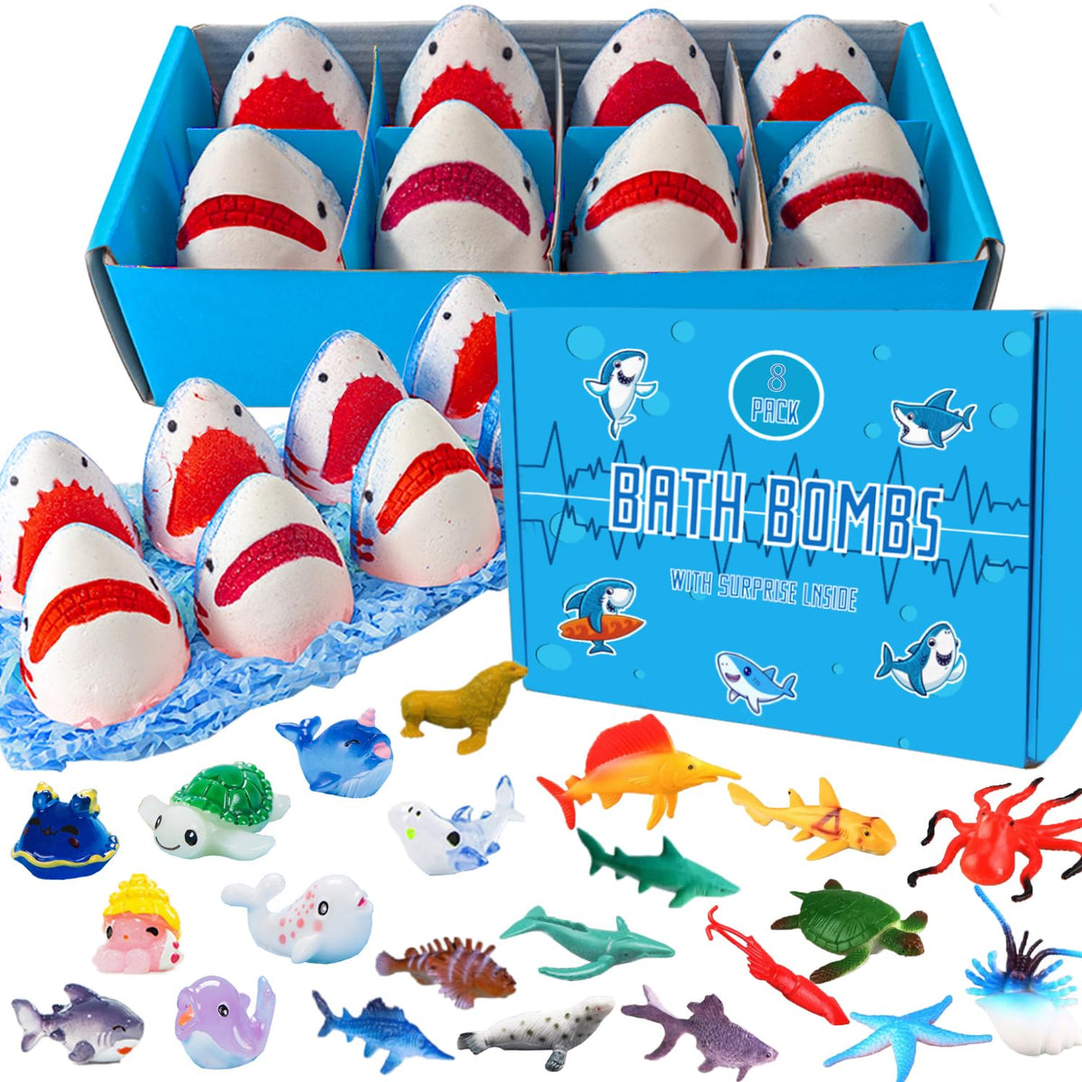 Kottke Shark Bath Bombs reveal sea creature surprise inside the clear shell.