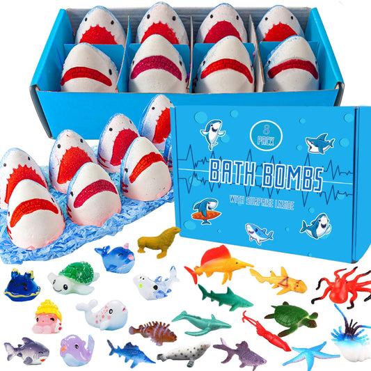 Kottke Shark Bath Bombs reveal sea creature surprise inside the clear shell.