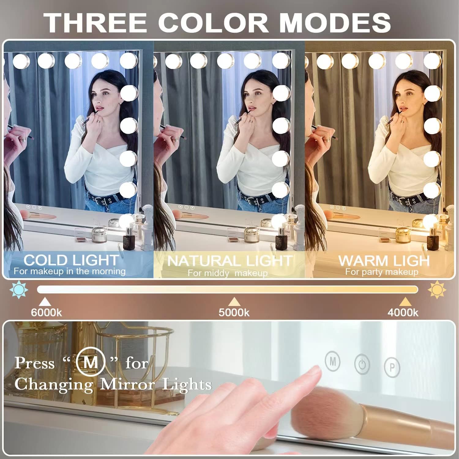 Kottova vanity mirror with lights, side view, slim profile for desk or wall