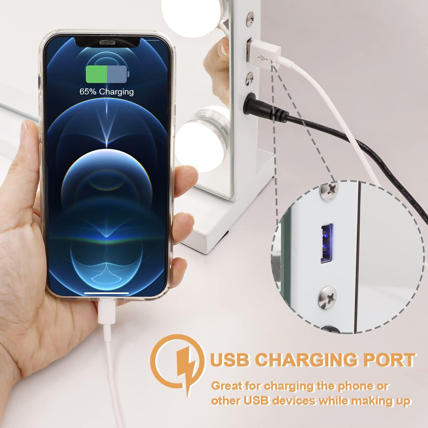 Kottova vanity mirror USB port for charging during makeup application