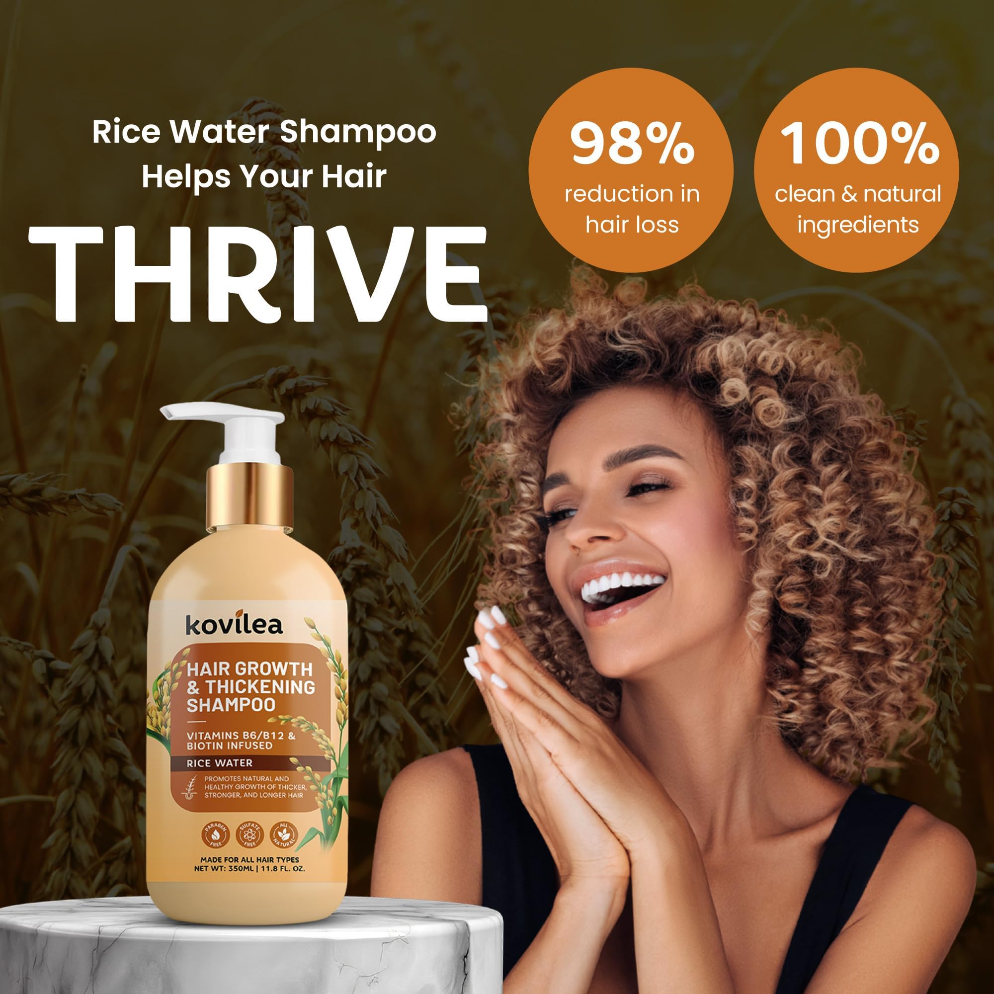 Kovilea Rice Water Shampoo ingredients close-up shows rosemary and biotin for scalp nourishment.