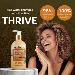 Kovilea Rice Water Shampoo ingredients close-up shows rosemary and biotin for scalp nourishment.