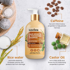 Kovilea Rice Water Shampoo label highlights biotin and castor oil benefits.